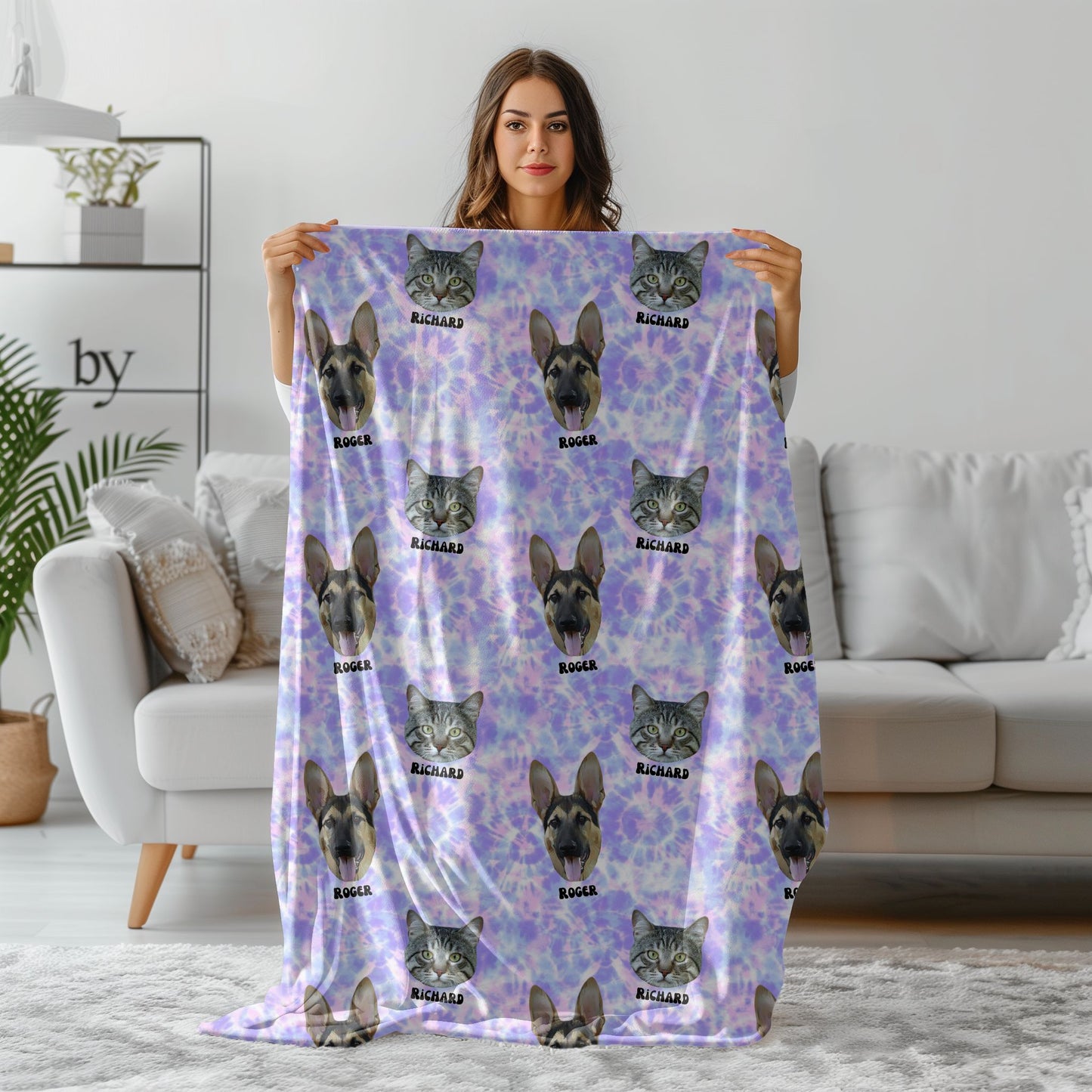 woman holding custom pet picture and name tie dye blanket