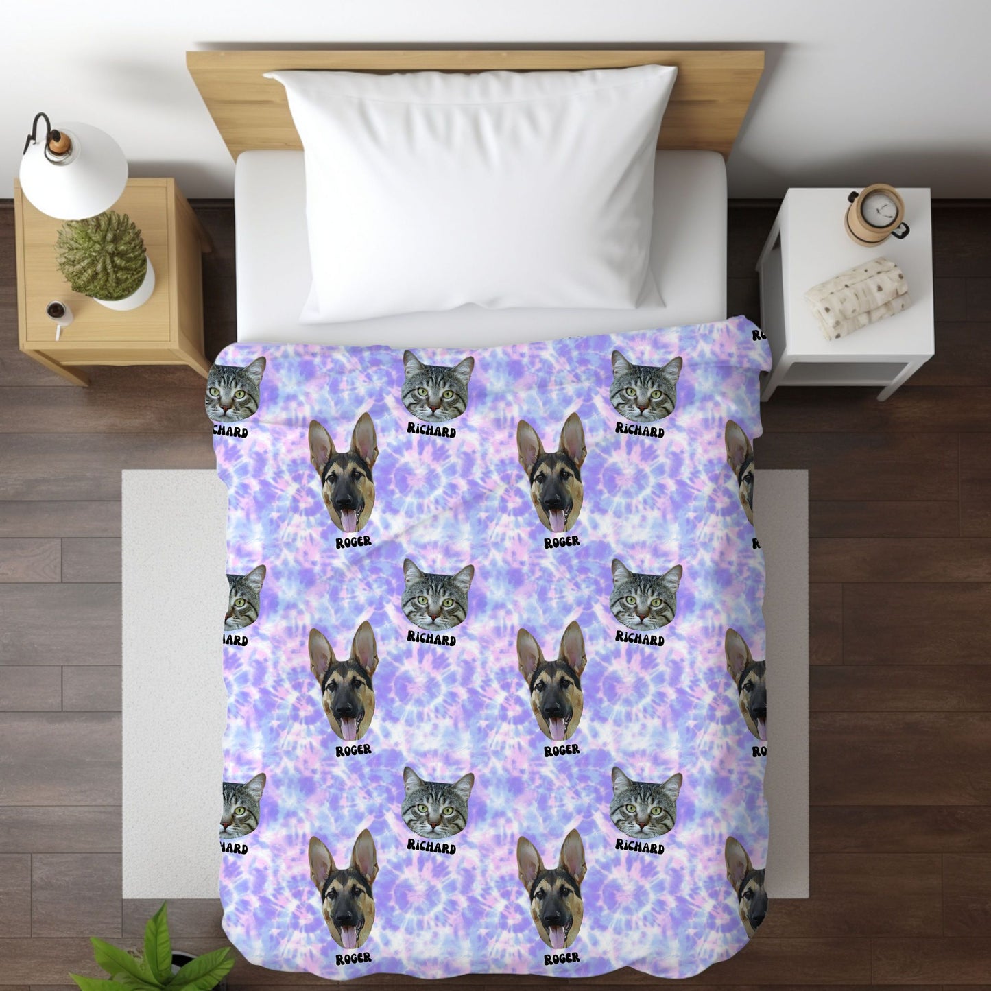 personalized pet picture tie dye blanket on bed