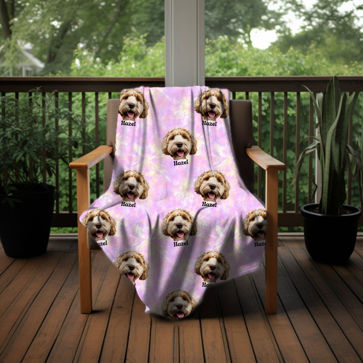 custom pet photo face tie dye blanket on a chair outside on porch