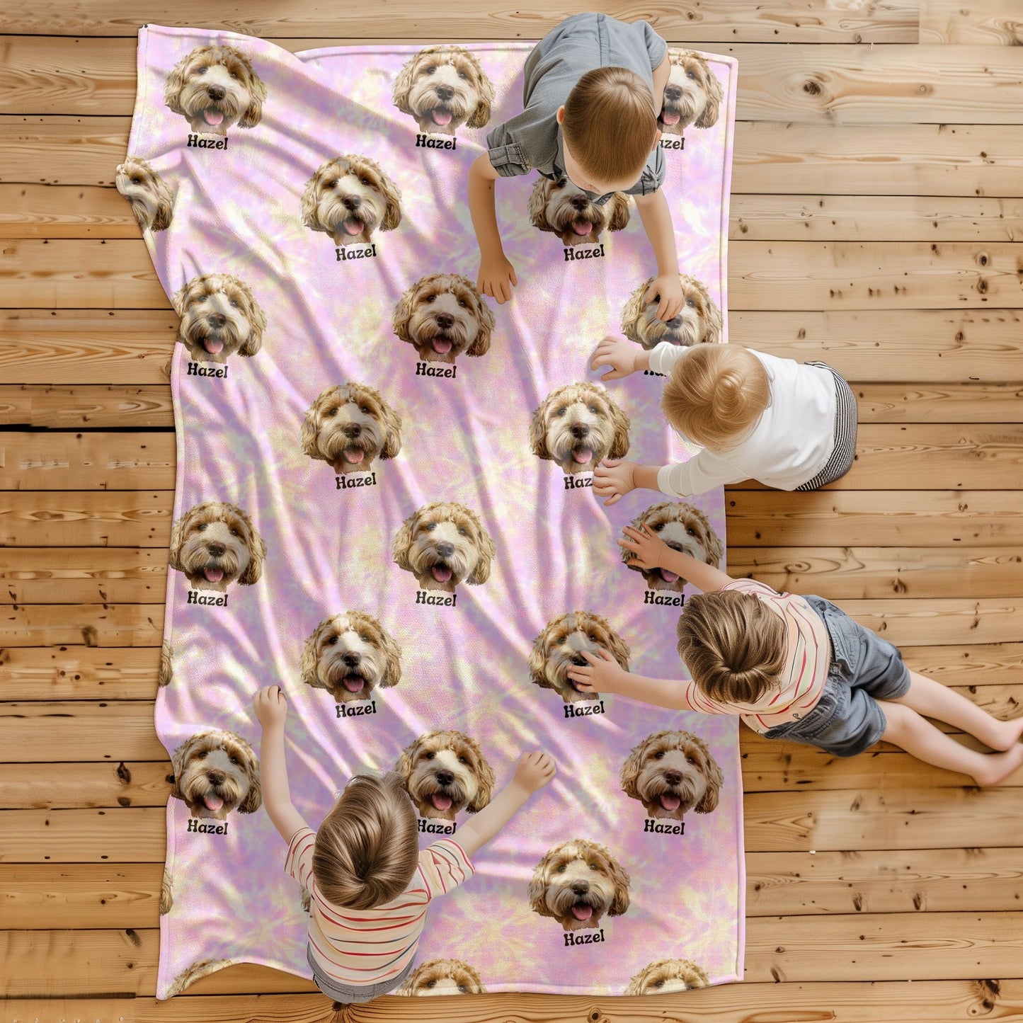 children playing on custom pet portrait and name tie dye blanket