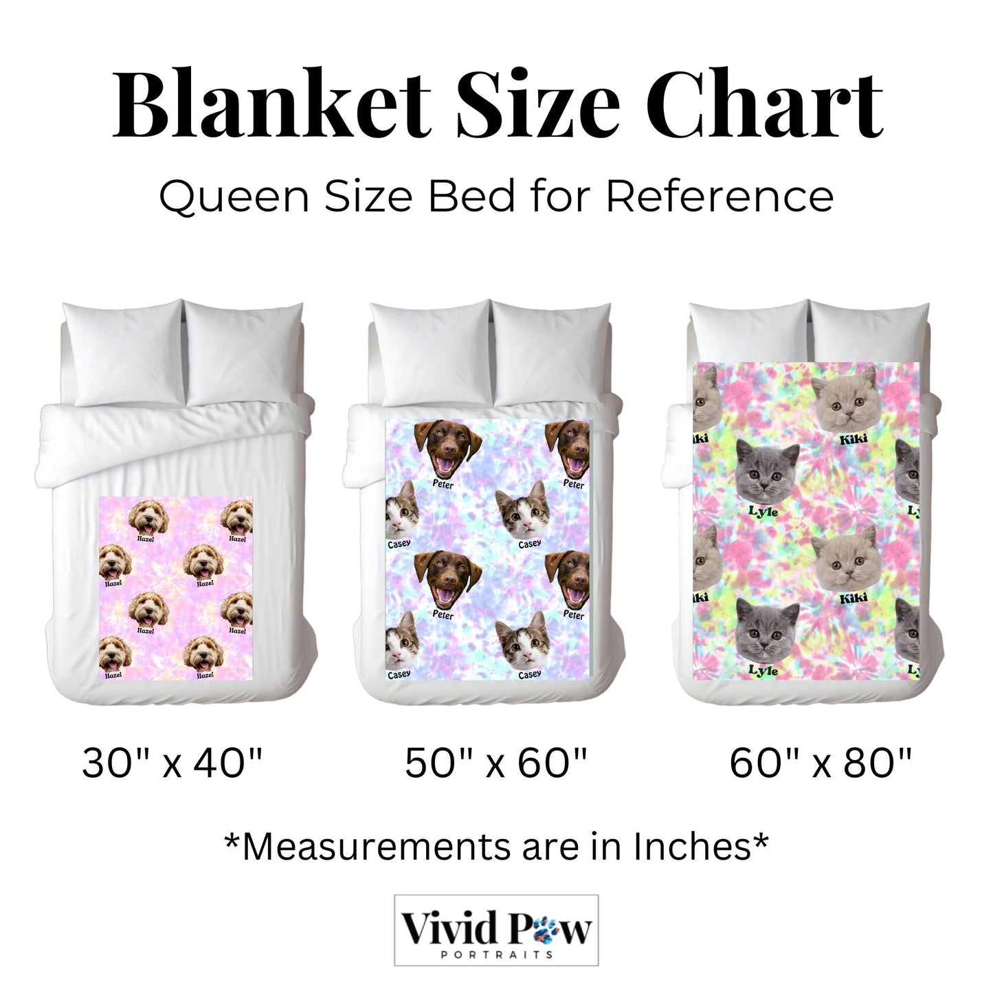 size chart for custom pet photo tie dye plush blanket