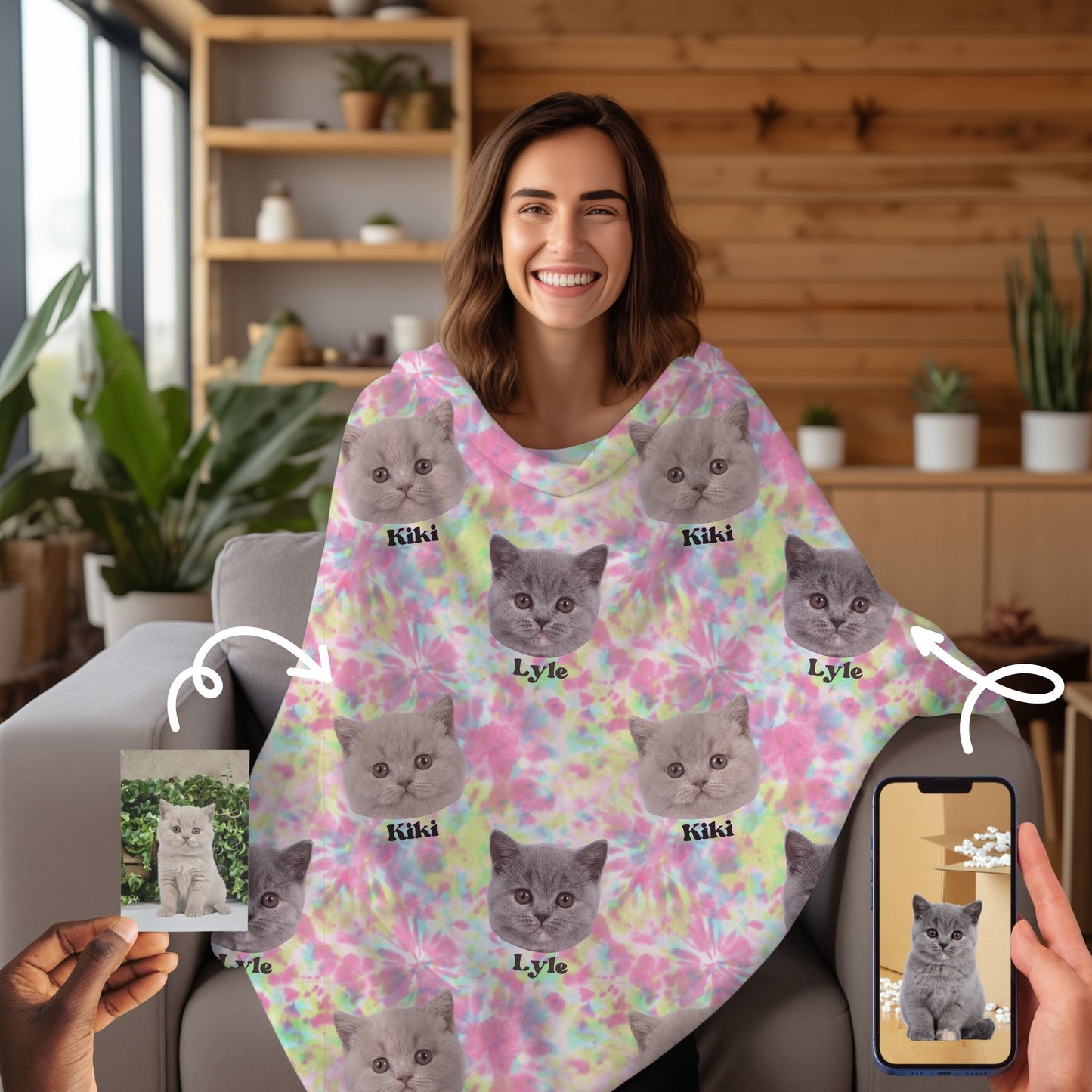 woman wrapped in custom pet photo tie dye blanket