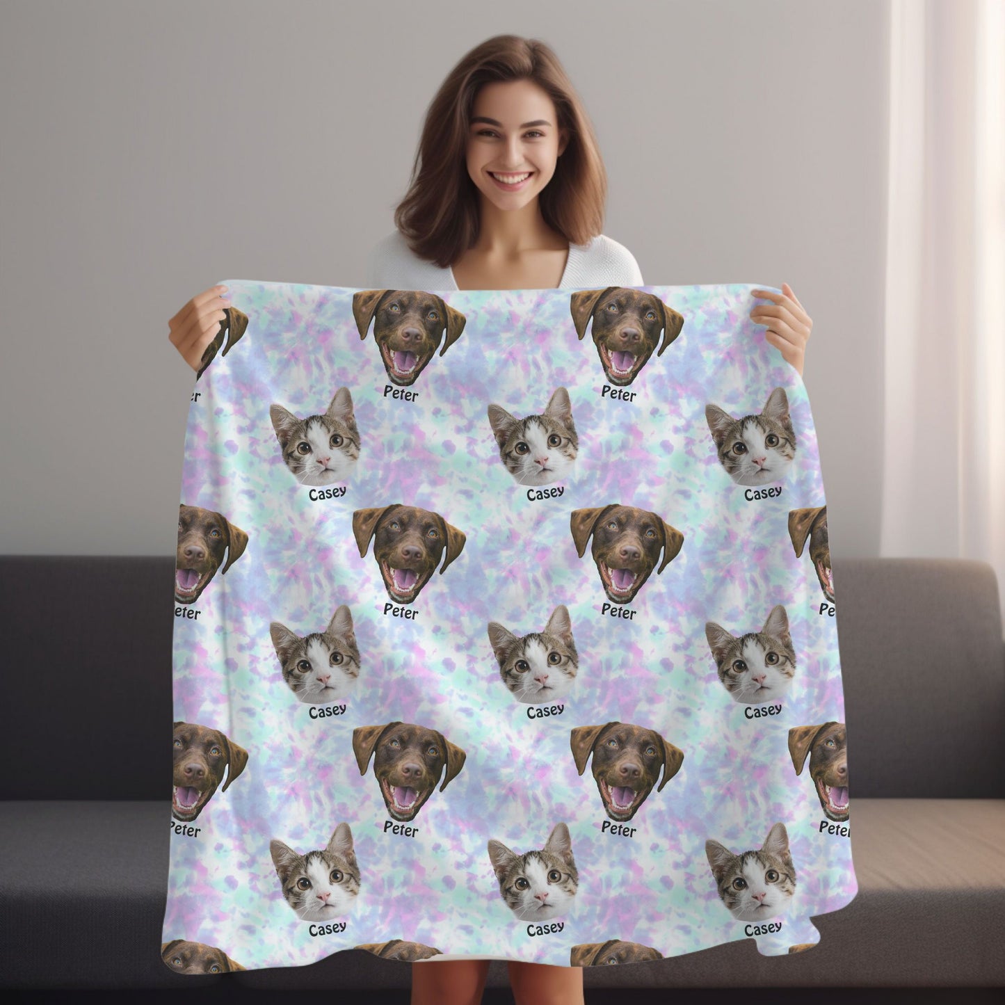 woman holding personalized pet face picture blanket