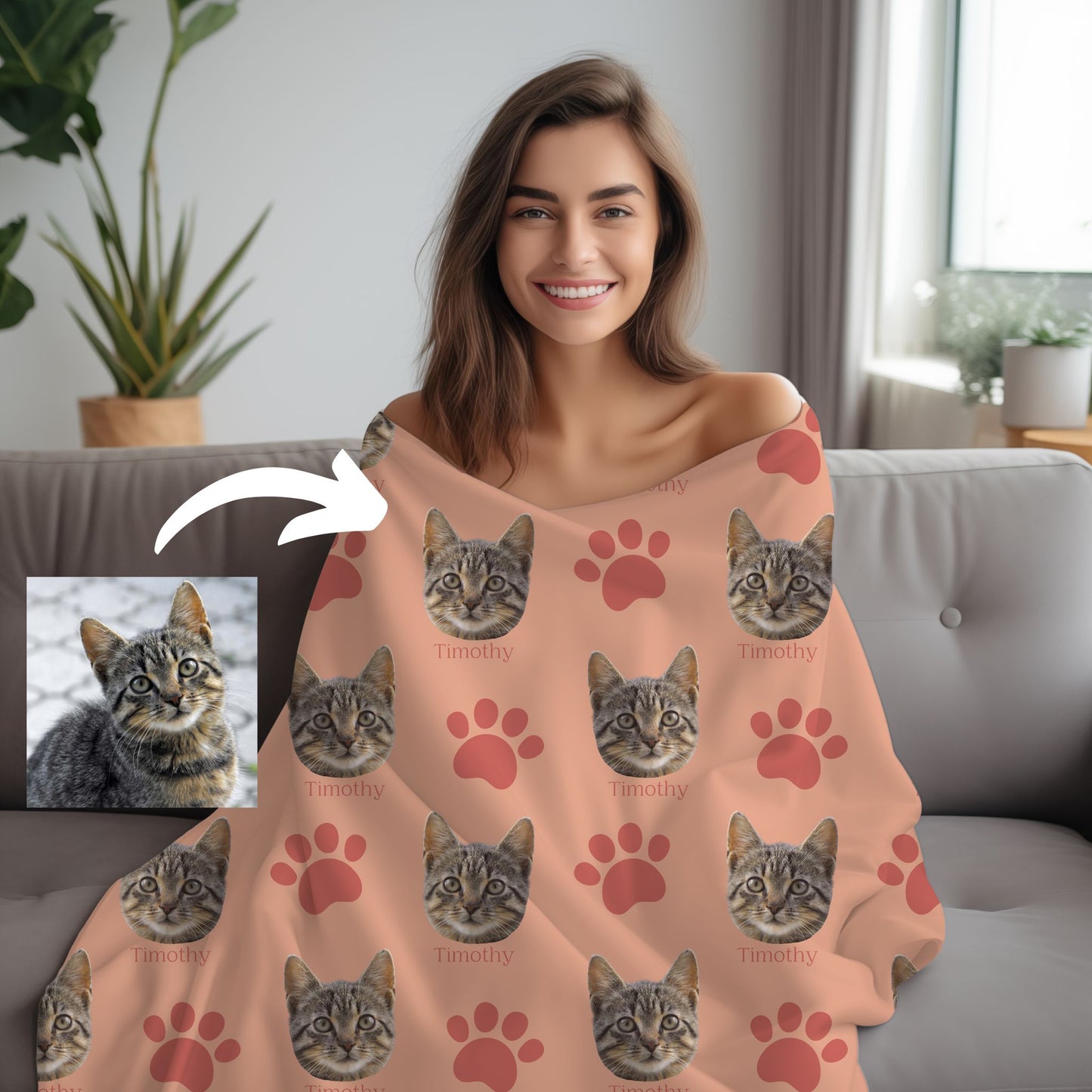 woman wrapped in custom cat face photo blanket in peachy/blush