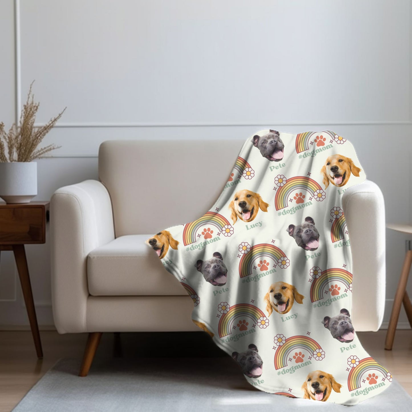 boho rainbow dog mom personalized blanket in ivory on a couch