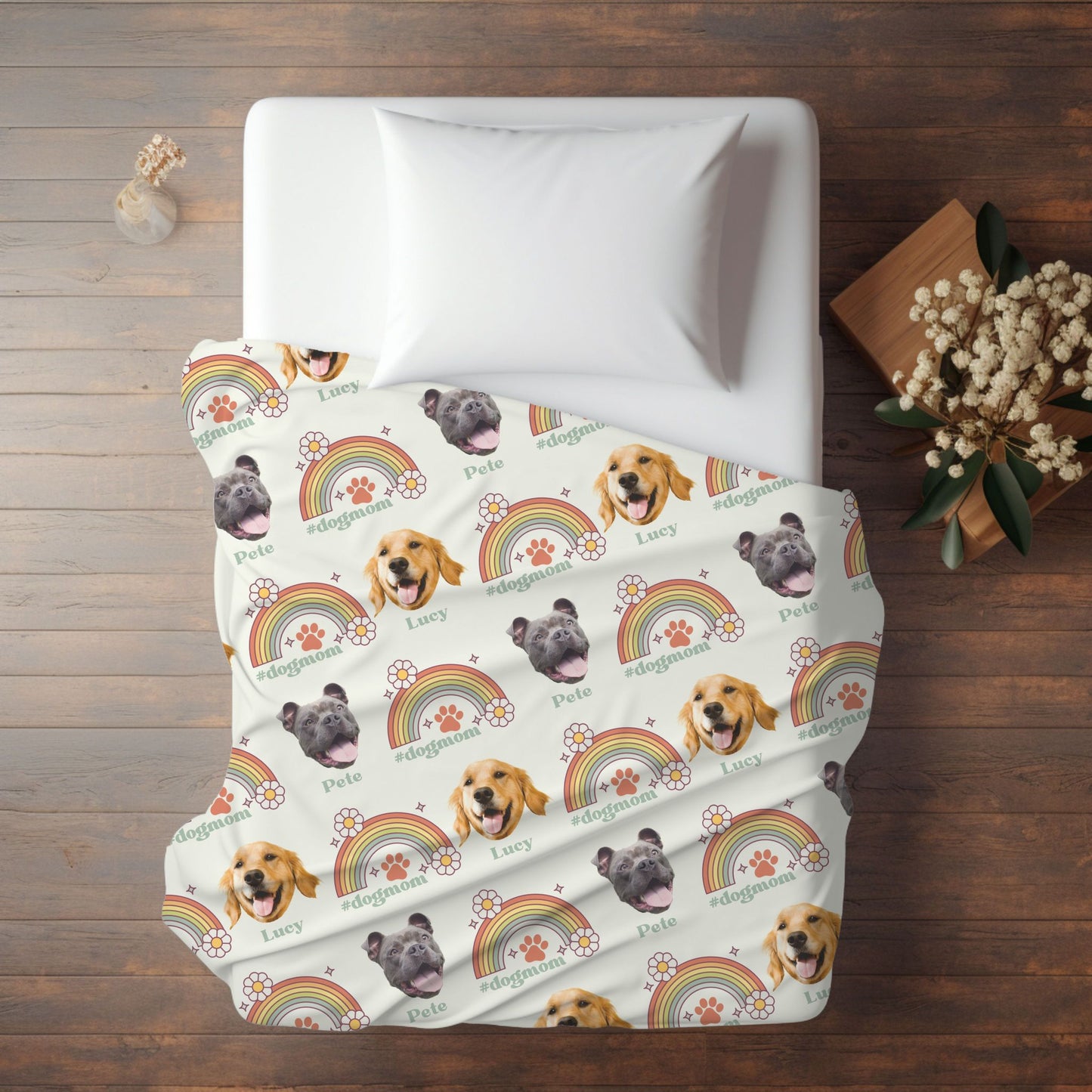 personalized boho dog mama dog portrait blanket in ivory on a bed