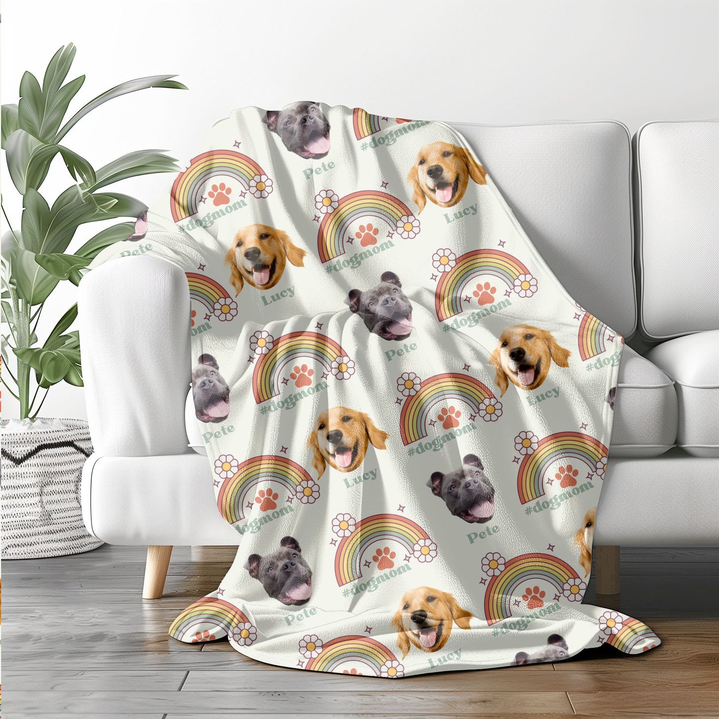 custom dog mom dog face picture blanket with retro rainbows on a sofa