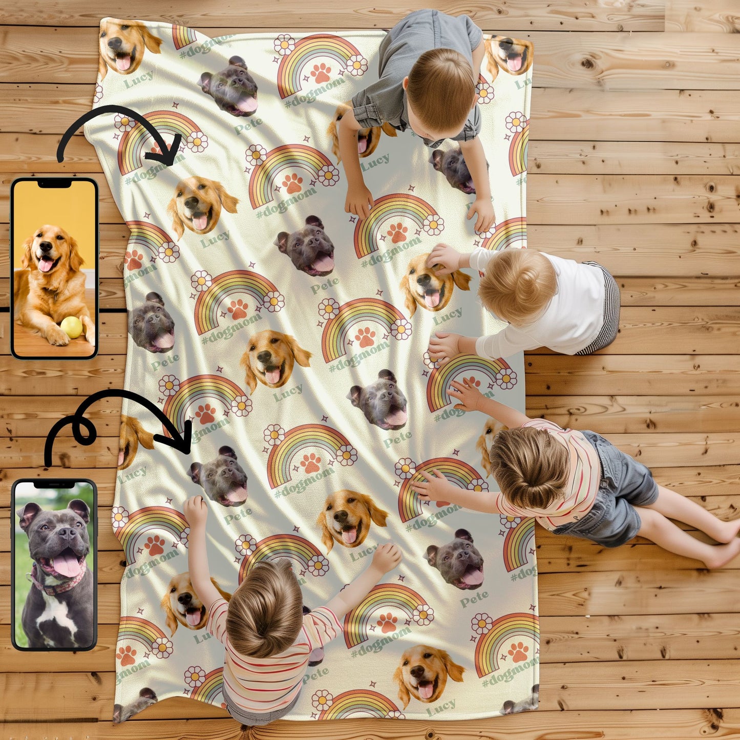 kids playing on a custom dog mom photo blanket in ivory