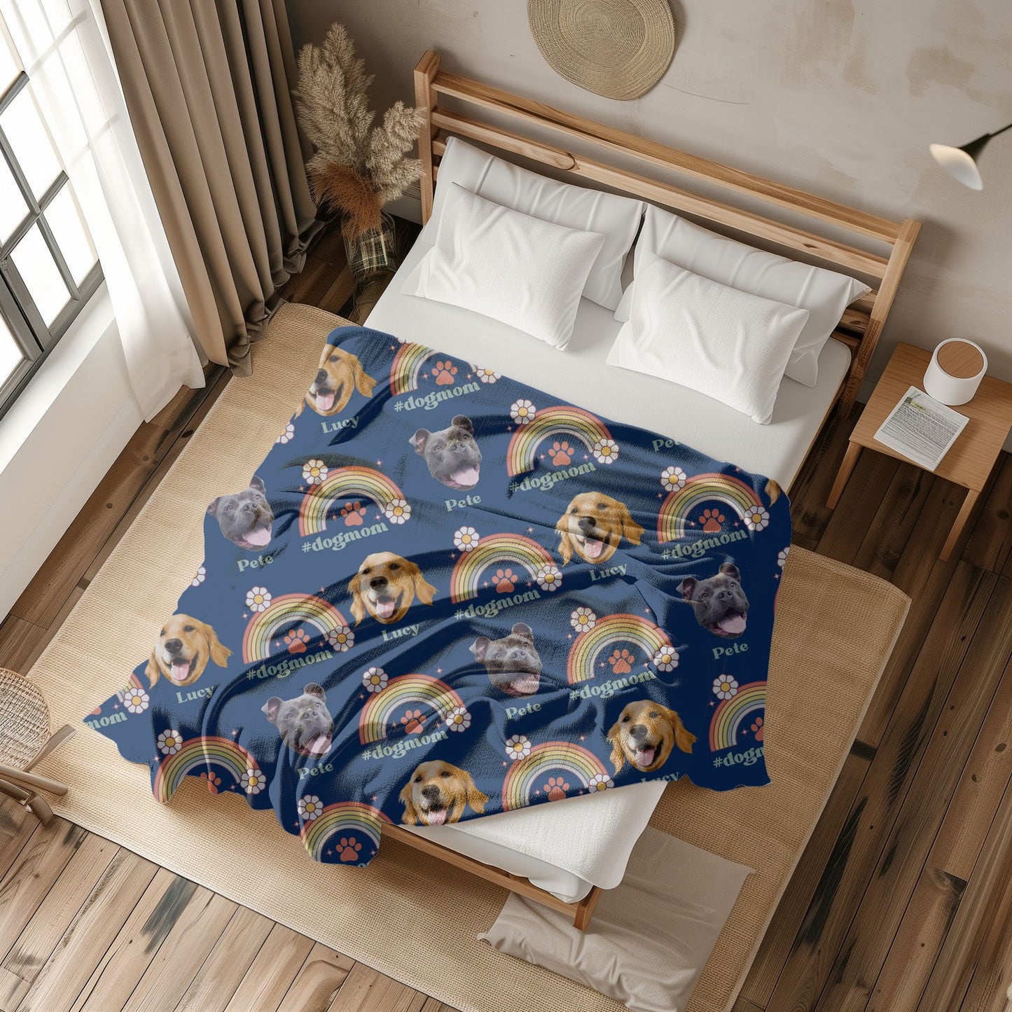 personalized dog mom pet photo blanket with retro rainbows in navy on a bed