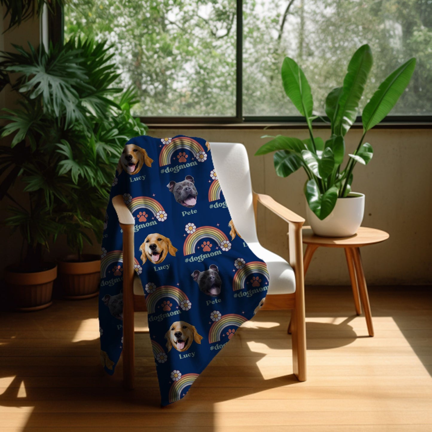 customized dog mom gift vintage rainbow boho decor blanket in navy on a chair