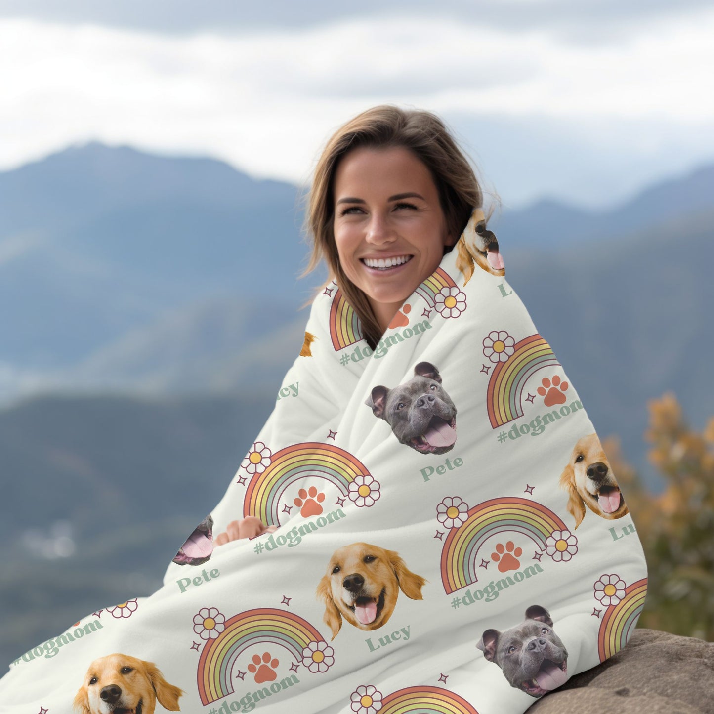 woman wrapped in a personalized dog mom pet picture blanket in ivory