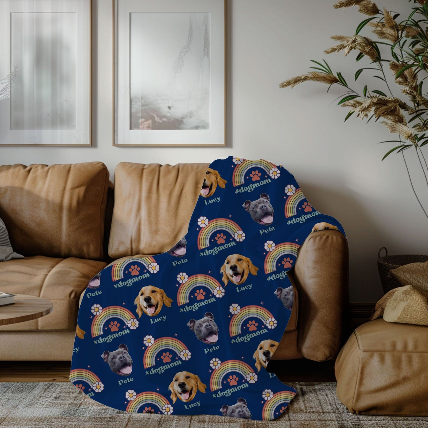 personalized dog mom dog face photo retro rainbow blanket in navy on a sofa