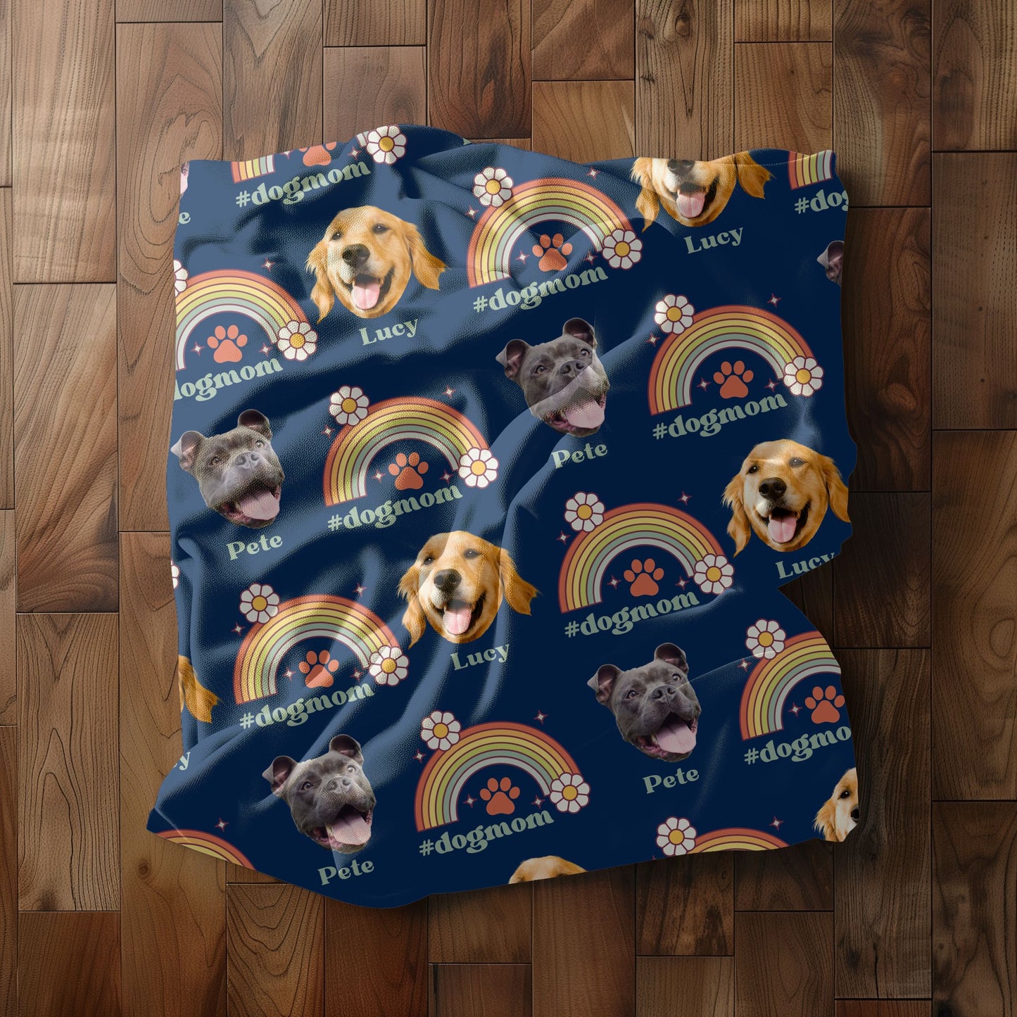 custom dog mama boho rainbow blanket in navy folded up
