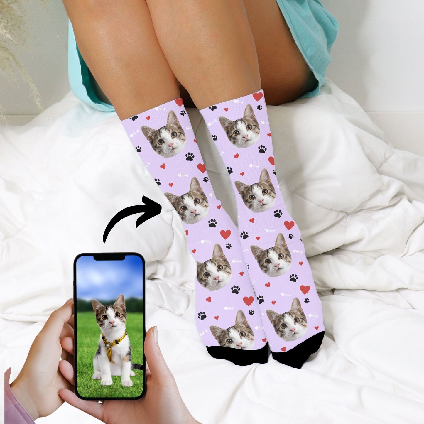 custom cat photo socks in purple showcasing a cat worn by a woman