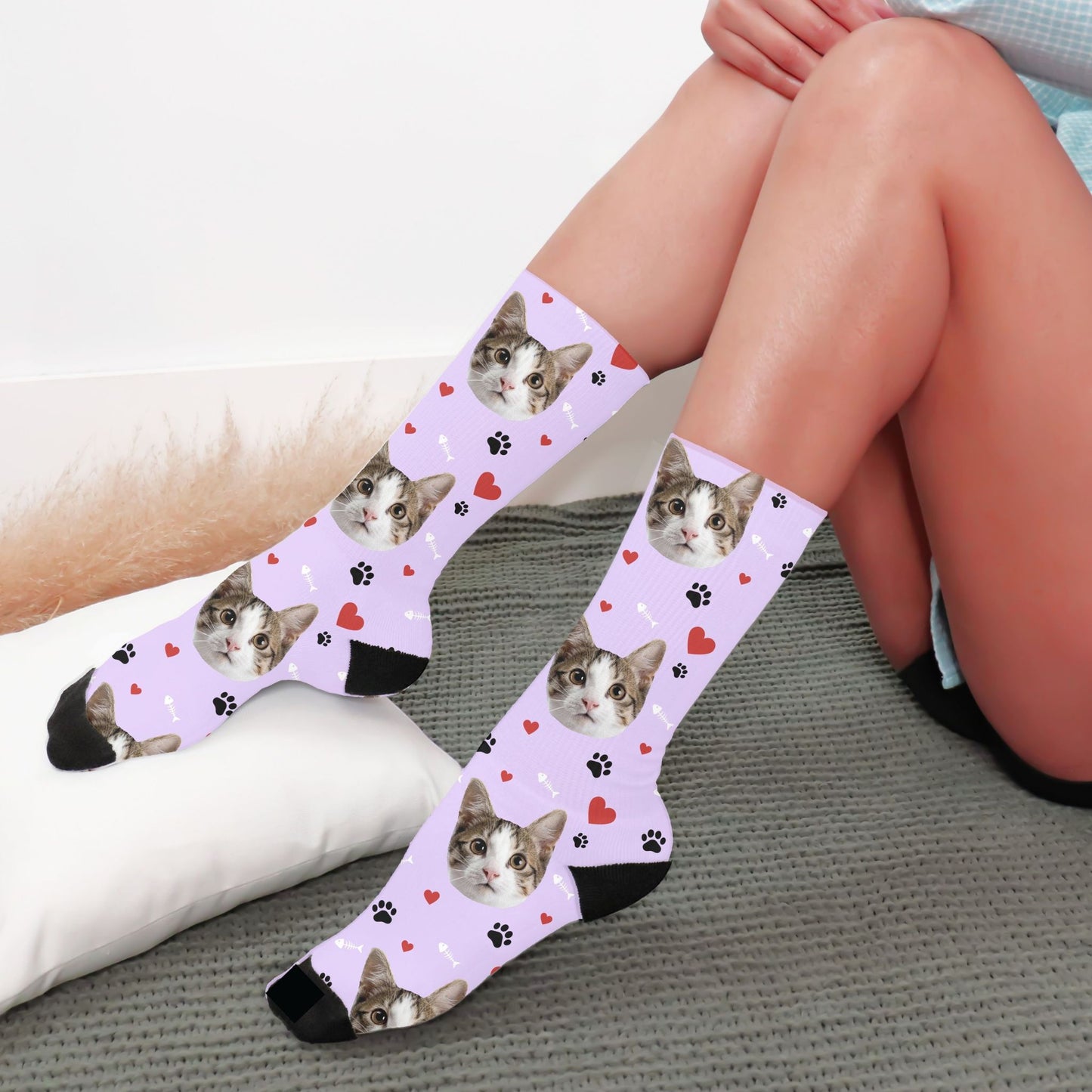 personalized cat picture socks in purple worn by a woman