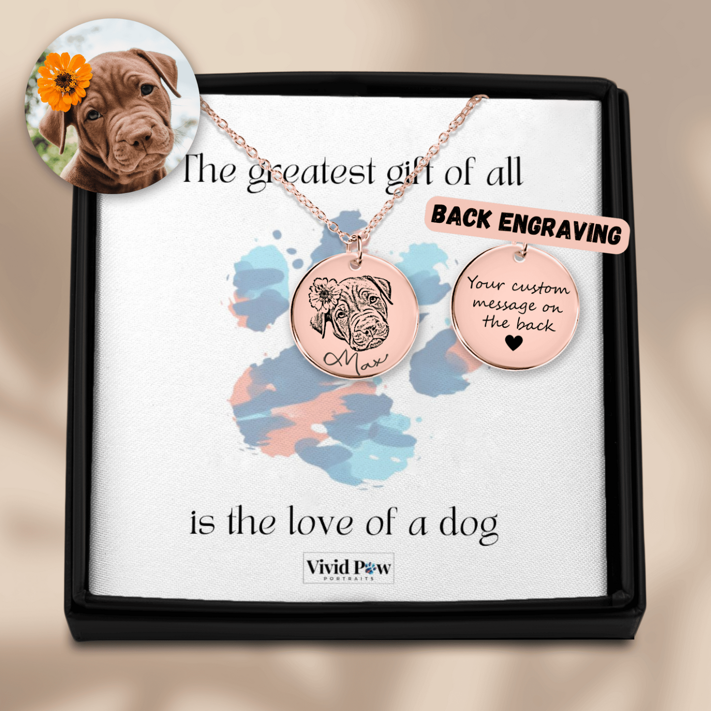 custom pet photo necklace in rose gold showing back engraving option in a gift box with message card