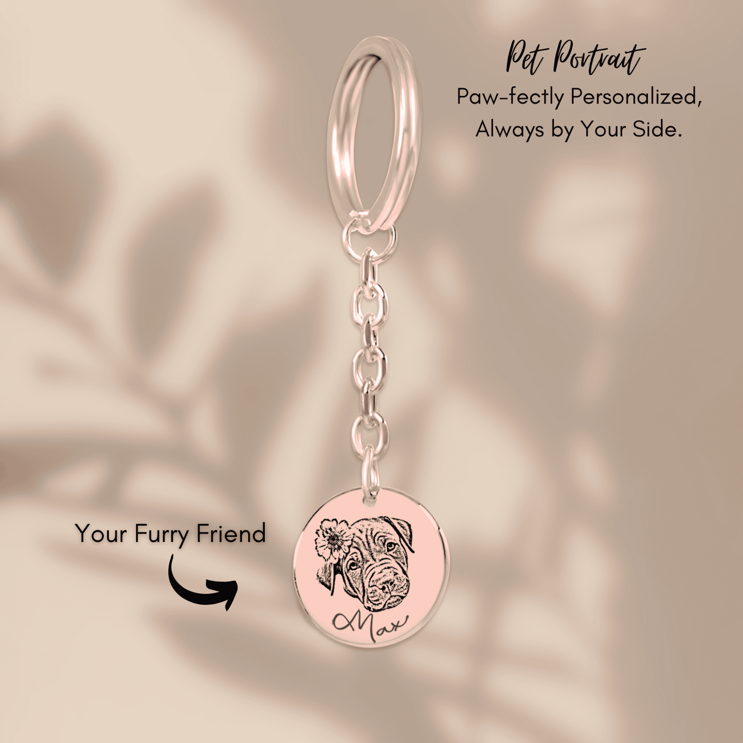 custom dog portrait in rose gold showing details