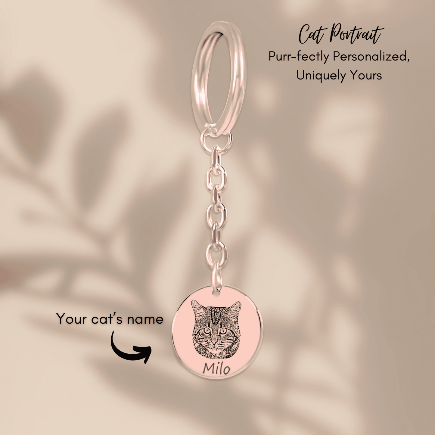 personalized cat photo keychain in rose gold
