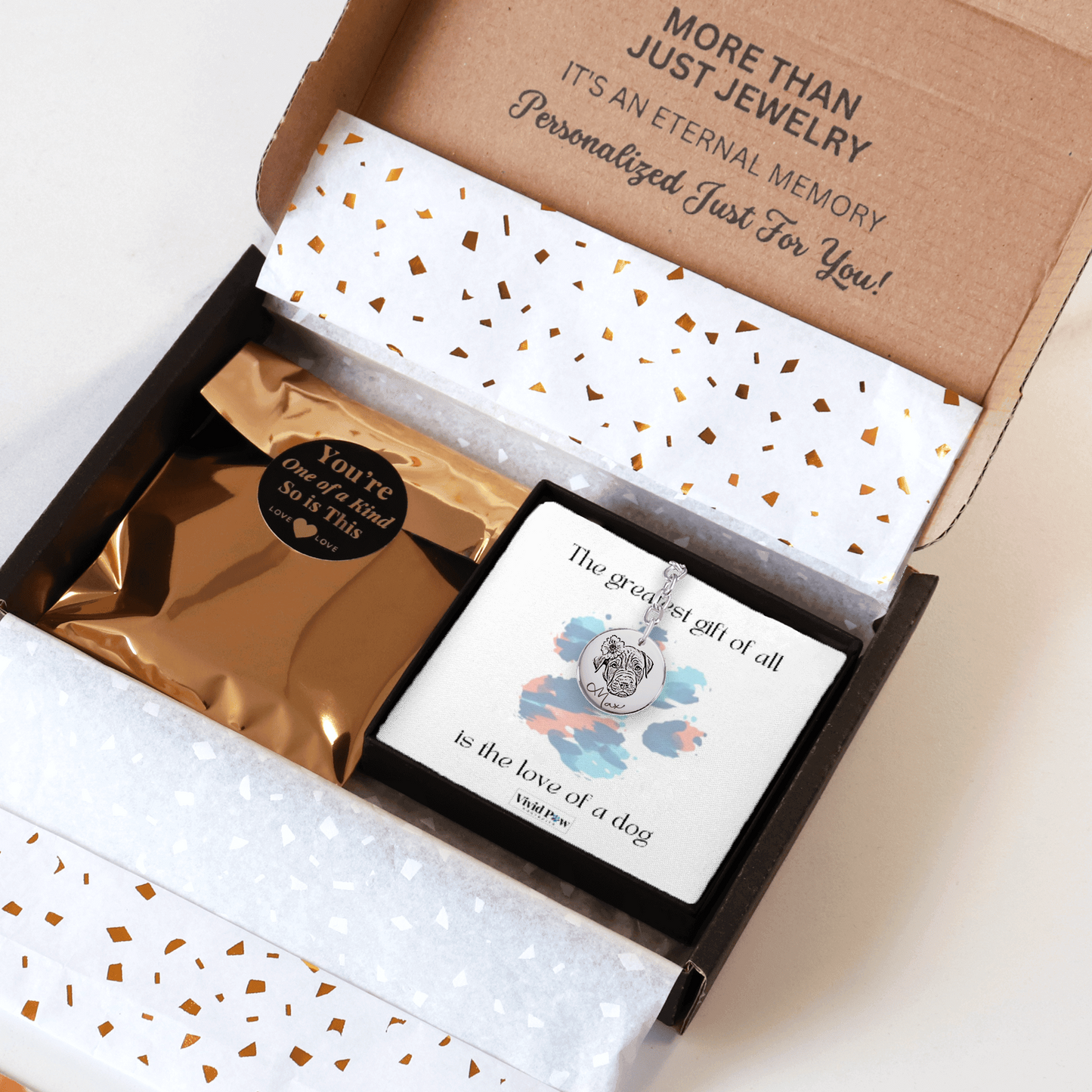 custom dog photo keychain packed in special gift box ready for gifting