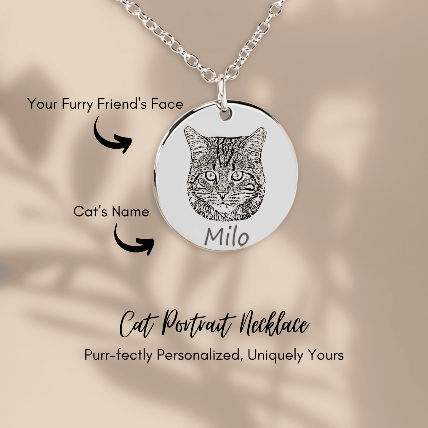 personalized cat portrait necklace in silver showing details
