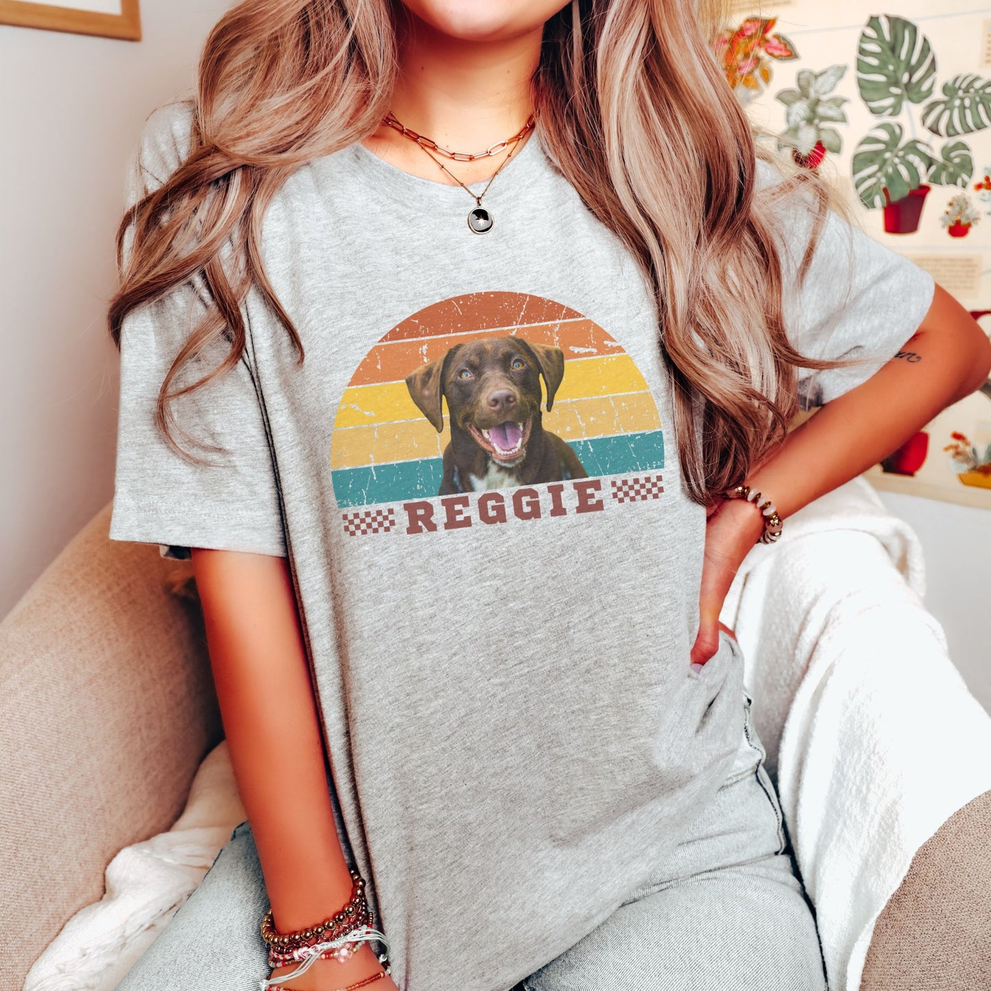 woman wearing retro custom pet photo t-shirt in light gray