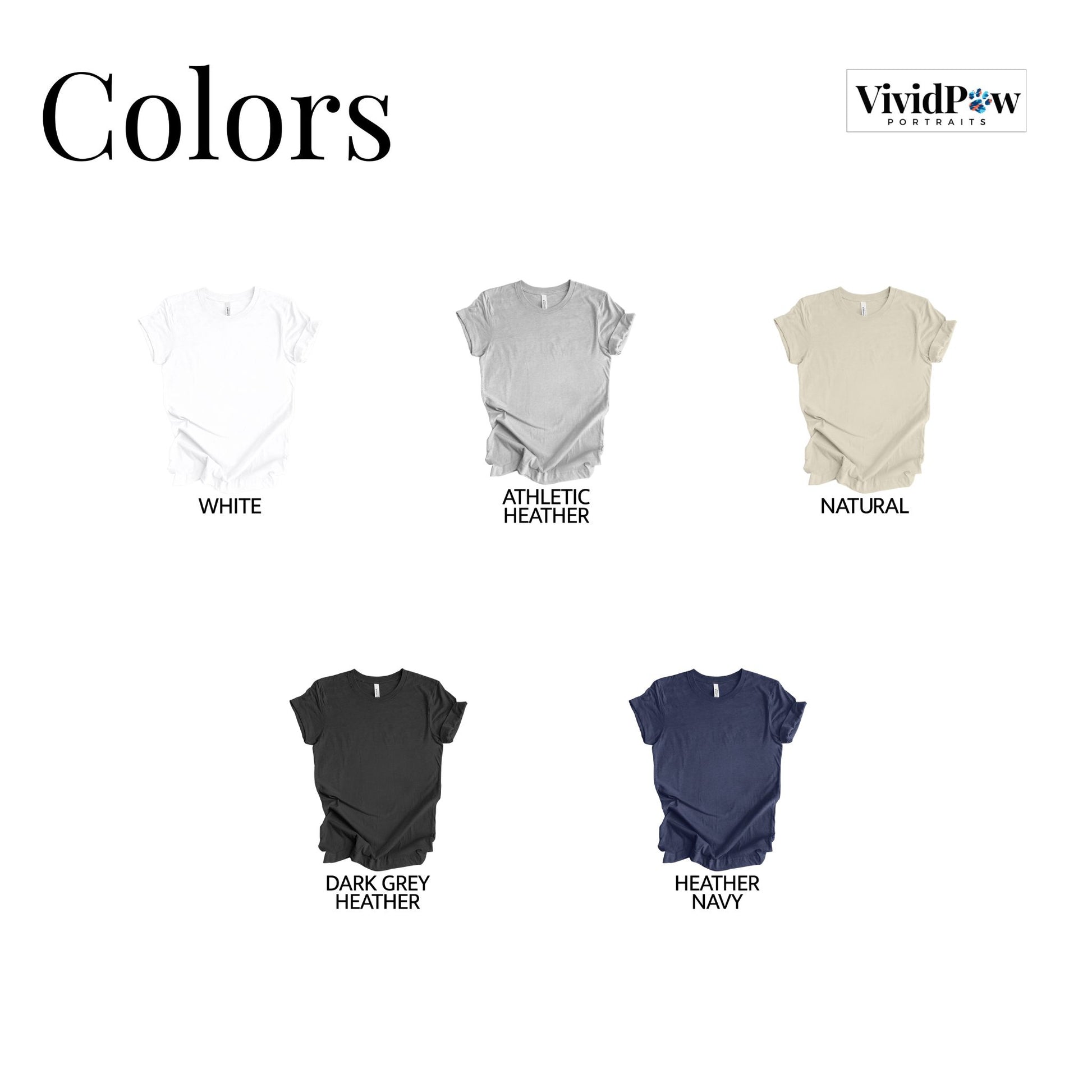 color chart of available colors for custom pet picture tee