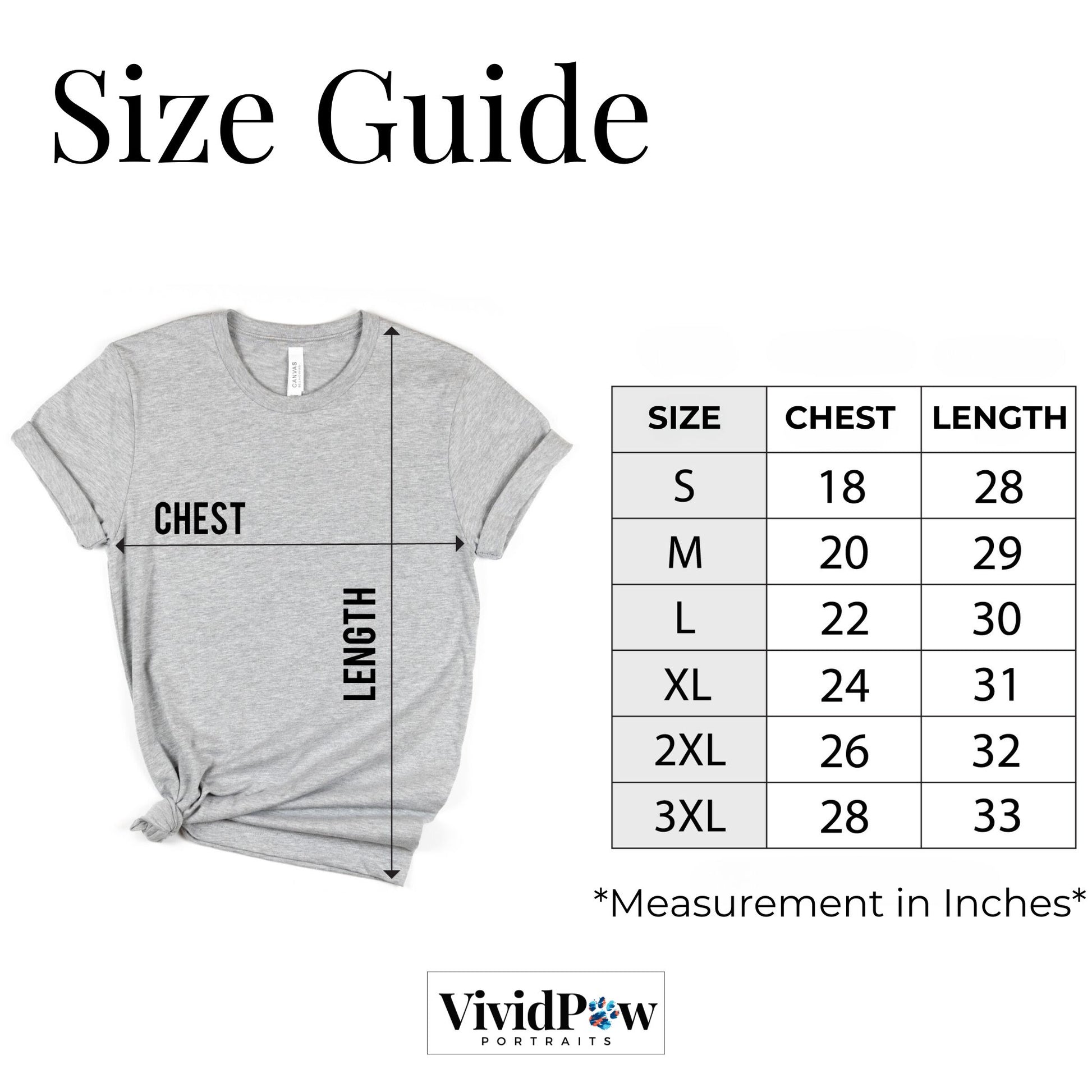 size guide chart for custom pet photo tee for pet parents