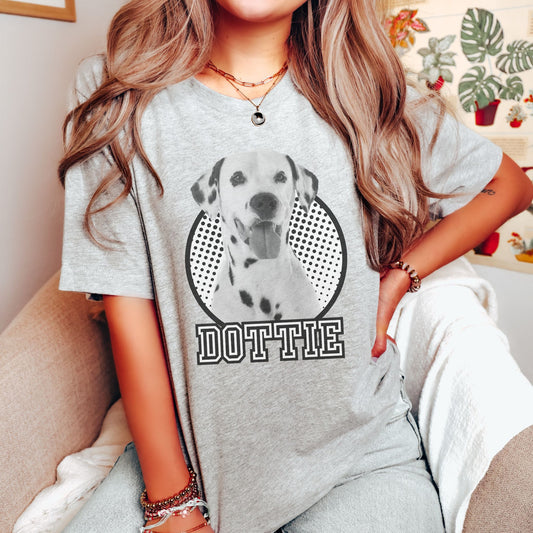 woman wearing custom pop out pet photo t-shirt in athletic heather gray