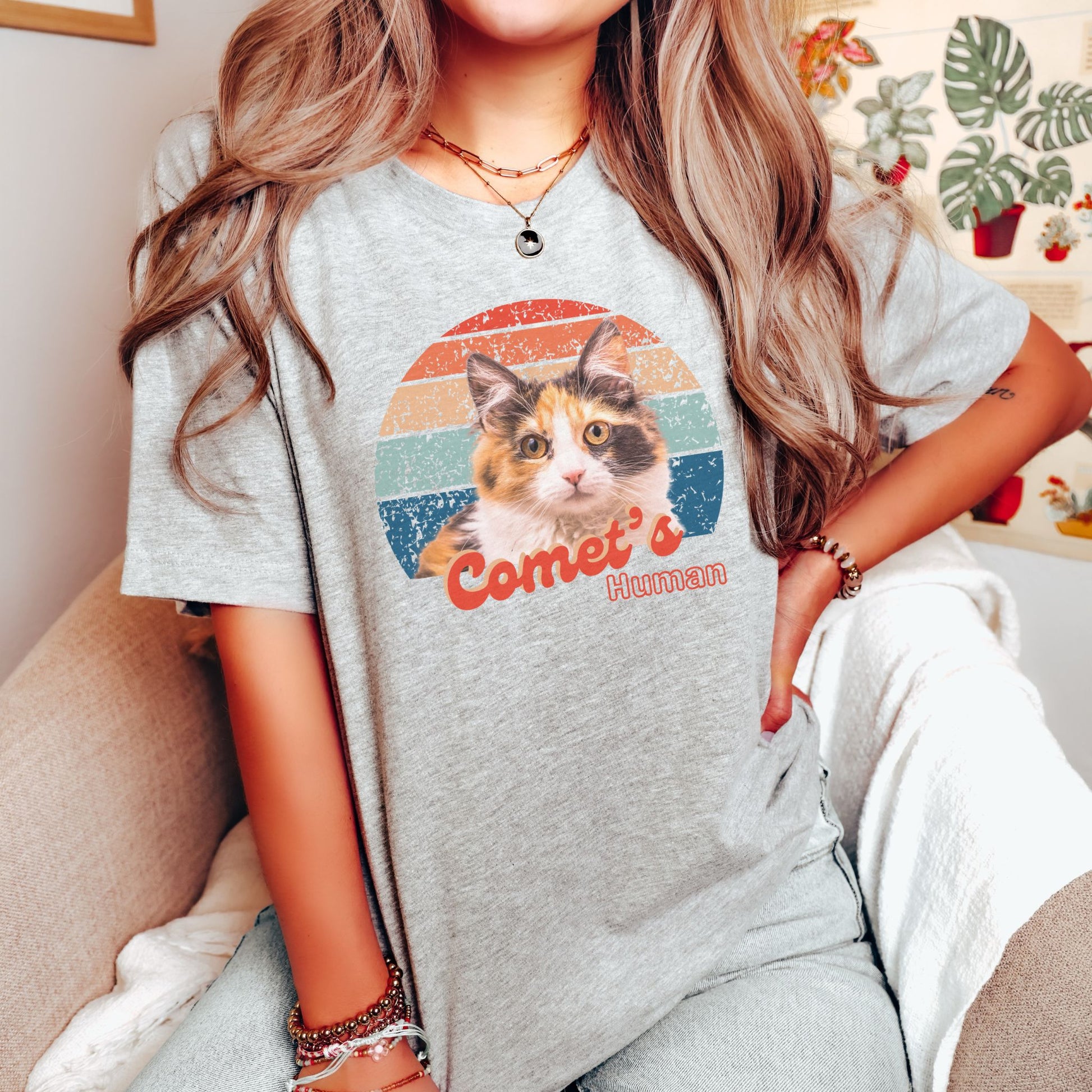 woman wearing custom pet photo and name tee personalized for pet parents in athletic heather gray