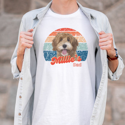 man wearing personalized pet photo and name shirt distressed vintage t-shirt for pet parents in white