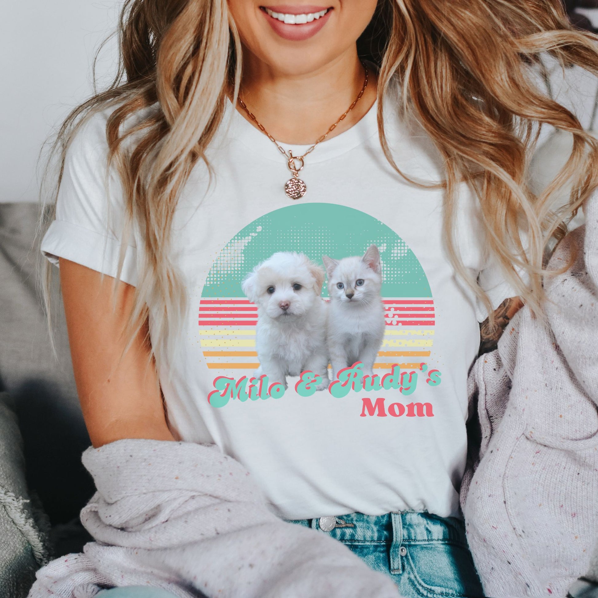 woman wearing bright retro personalized pet photo shirt for pet parents in white