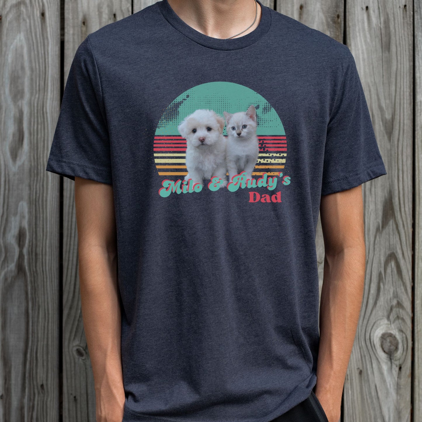 man wearing personalized pet photo face and name tshirt customized for pet parents in navy